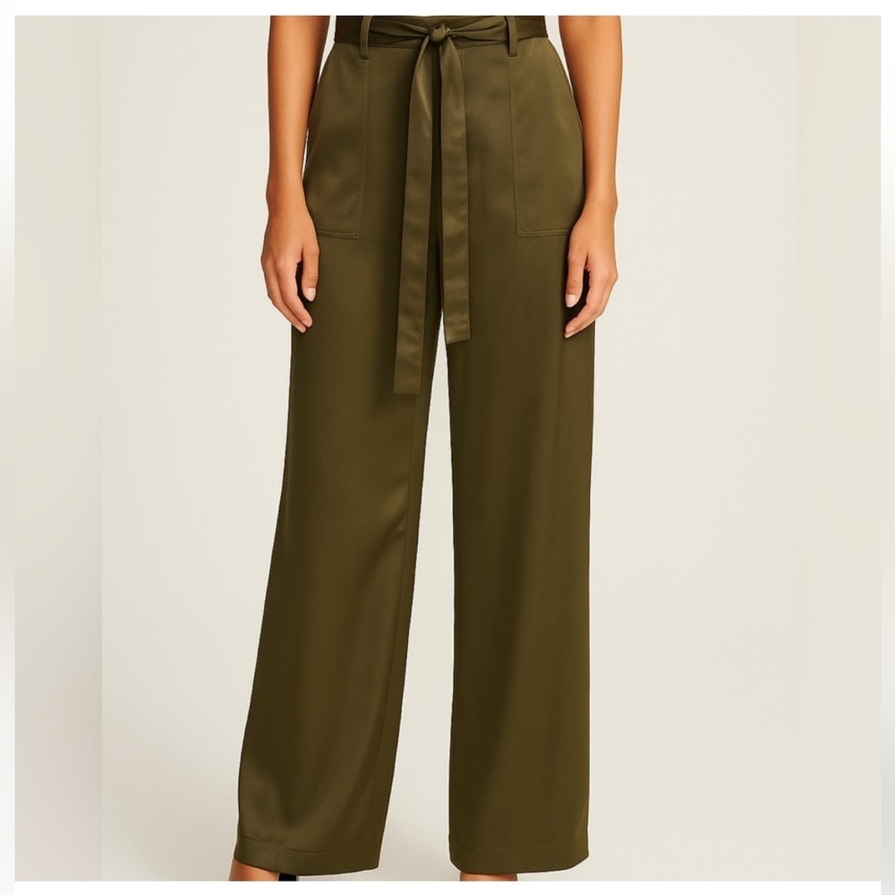 Joie High Waisted Olive Green Satin Wide Leg  Cargo Trouser Pants Size S Small